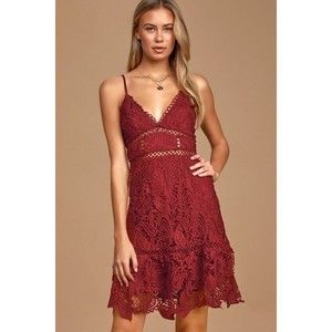 Lulus Dearly Beloved Burgundy Crochet Lace Dress Sz XS V-Neck Sheer Ruffled Hem